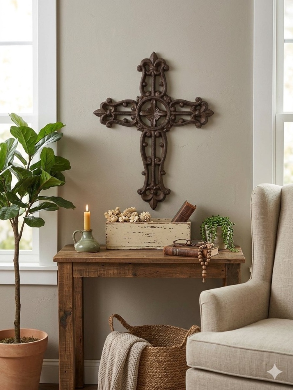 Heavy Ornate Cast Iron Fleur De Lis Wall Hanging Cross Decor 11.5" x 9"